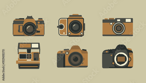 Vintage and modern camera equipment icons including DSLR polaroid and film cameras in a flat brown and black color palette for photography blog