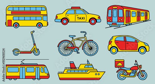 Colorful public transportation and vehicle icons set including bus taxi train scooter bicycle car tram ship and motorcycle in flat style
