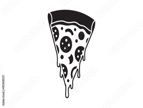 A black and white illustration of a melting slice of pepperoni pizza