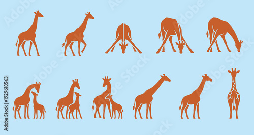 Giraffe silhouette collection in various natural poses including walking drinking eating and mother with baby isolated on light blue background