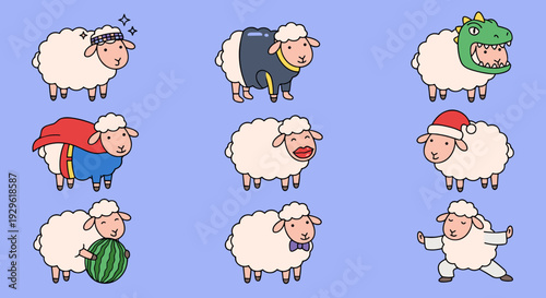 Funny sheep characters set in different costumes and activities like superhero dinosaur karate and eating watermelon for creative design