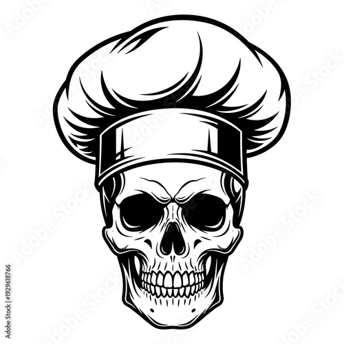 Skull Chef Wearing Hat Black and White Vector Illustration Culinary Gothic Design Isolated on White Background