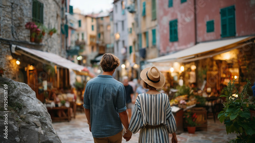 Couple exploring a colorful local food market in a narrow cobblestone European old town street, perfect for cultural vacation experience, travel food exploration, European holiday,
