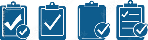 Four blue clipboard icons with checkmarks on a white background