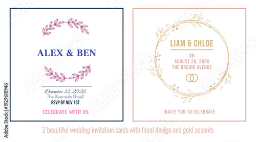 2 beautiful wedding invitation cards with floral design and gold accents