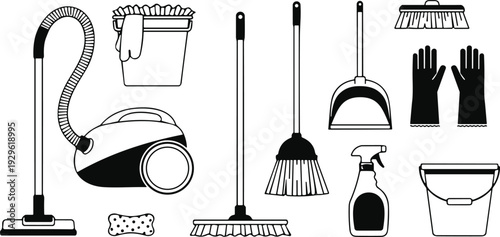 Vector Illustration Set of Cleaning Tools Featuring Vacuum Cleaner Broom Mop Bucket Spray Bottle and Protective Gloves for Housekeeping and Sanitization
