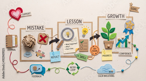 Self-Esteem Growth Infographic, Handmade Paper Cut Craft Flat Lay, Mistake Lesson Growth Workflow Diagram for Coaching and Education.