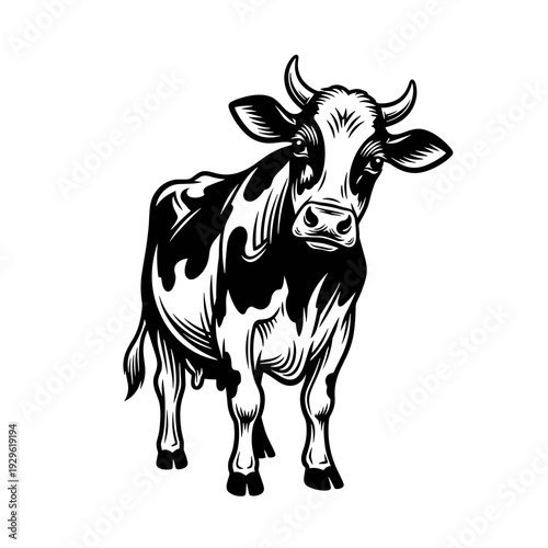 Cow Illustration Black and White Farm Animal Vector Isolated on White Background