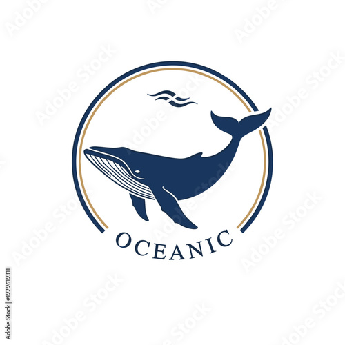 Dark blue whale in a gold circular logo with Oceanic text and abstract waves