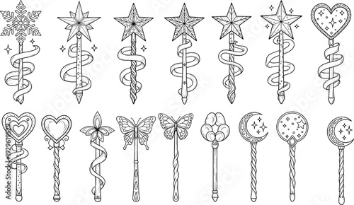 Magic wand illustration set, fantasy fairy sticks with stars hearts and moon, hand drawn vector collection