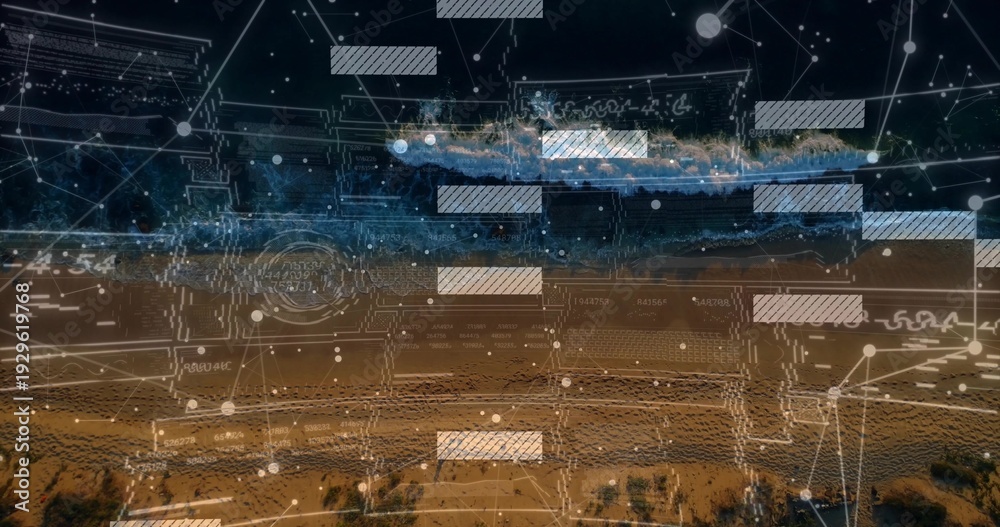 Fototapeta premium Showing aerial shoreline combining breaking surf, textured sand at dusk, with HUD network overlays