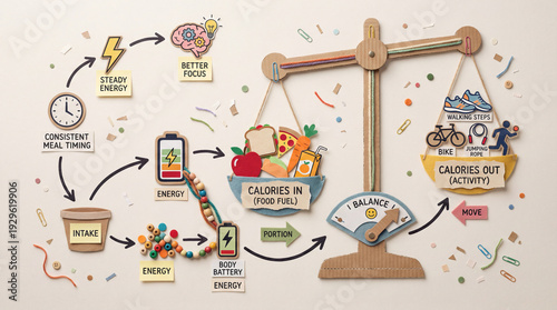 Energy Balance from Food Infographic, Handmade Paper Cut Craft Flat Lay, Calories Intake to Activity Output to Balance Diagram for Fitness Education.