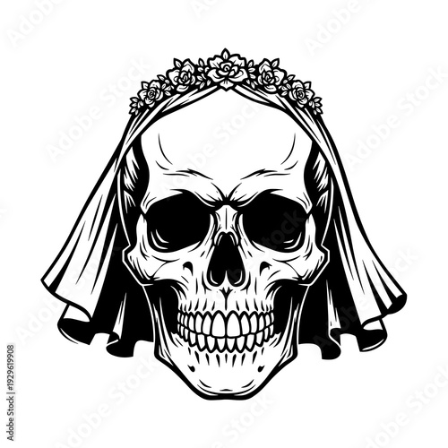 Skull with Bridal Veil and Flower Crown Black and White Vector Illustration, Gothic Wedding Tattoo Design