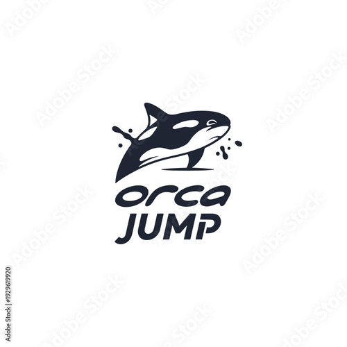 Dynamic killer whale jumping out of water logo design with text orca JUMP