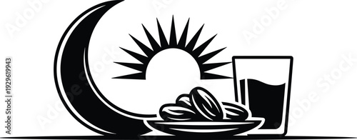 Ramadan iftar silhouette with crescent moon, dates and water glass sunrise flat vector illustration