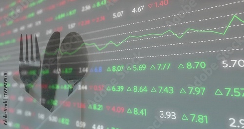 Displaying cutlery trio blending with stock ticker and green line graph on monitor, copy space