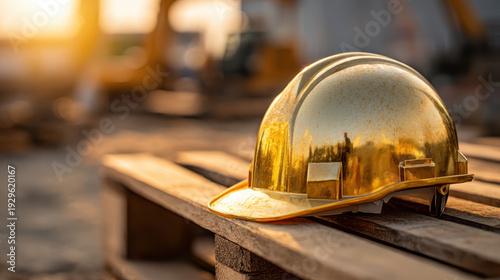 Golden safety helmet on wooden pallet symbolizes national employee appreciation day honoring hardworking staff with safety and respect