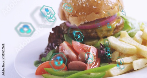Displaying plated sesame bun burger with melted cheese, fries, salad on white plate, teal hex icons