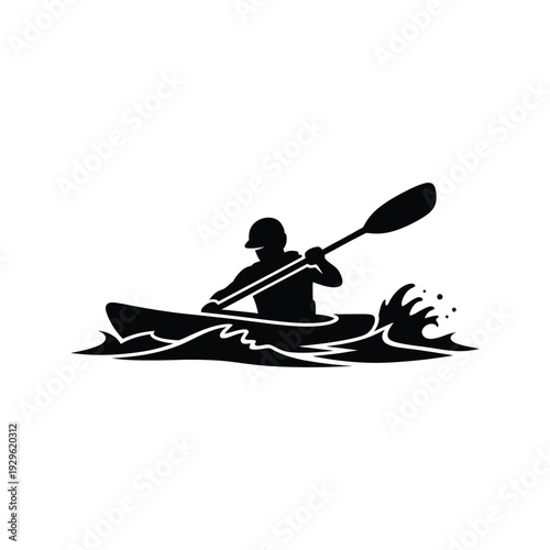 Silhouette of person kayaking and paddling on water with waves in an outdoor recreation sport