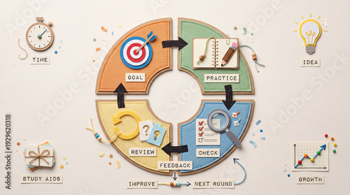 Study Process Infographic, Handmade Paper Cut Craft Flat Lay, Goal Practice Check Review Cycle, Learning Education Workflow Diagram.