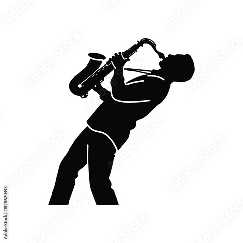 Saxophonist playing saxophone silhouette icon for jazz music performance and artistic entertainment event representation