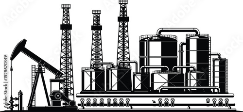 Oil refinery plant with pumpjack and drilling rigs, industrial petroleum processing facility silhouette vector illustration, energy production and pipeline infrastructure concept