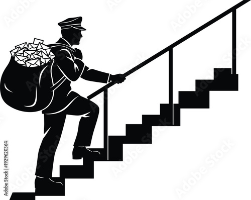 Postman climbing stairs with mailbag full of letters, black silhouette vector illustration, postal worker delivery concept, courier service occupation, isolated graphic design