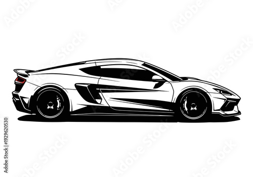 Modern Sports Car Side View Black and White Vector Silhouette Illustration