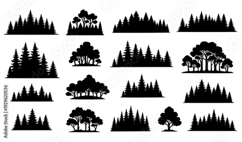 Retro woodland tree cluster silhouettes flat vector set isolated on white background outdoor design elements