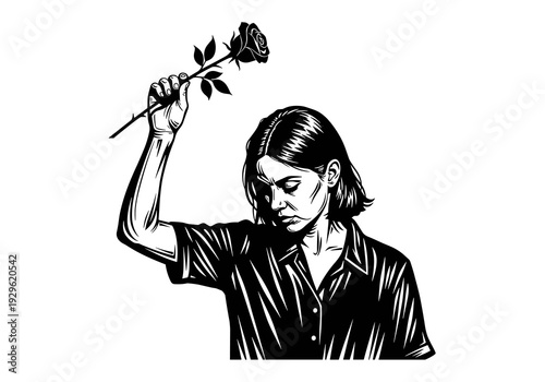 Black and White Woman Holding Rose Illustration, Emotional Vintage Engraving Line Art Portrait