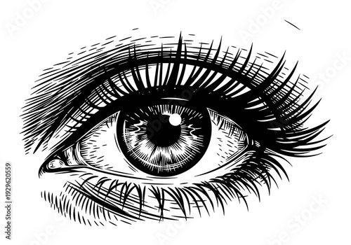 Detailed Human Eye with Eyelashes Black and White Vintage Engraving Illustration