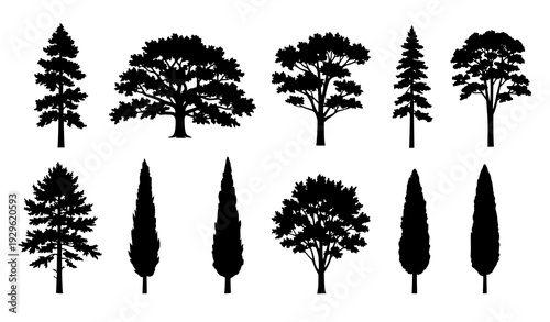 Minimal vintage tree silhouettes flat vector collection isolated on white background for logo and branding