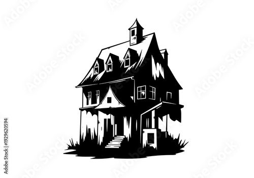 Haunted House Silhouette Black and White Vector Illustration, Spooky Gothic Horror Home