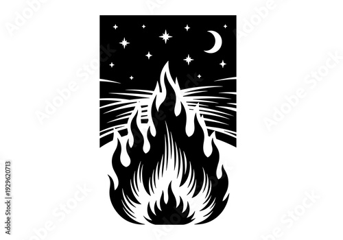 Campfire Flame at Night with Moon and Stars Black and White Vector Illustration