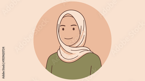 Modern flat design illustration of a smiling young Muslim woman wearing a cream-colored hijab, portraying a friendly and approachable persona
