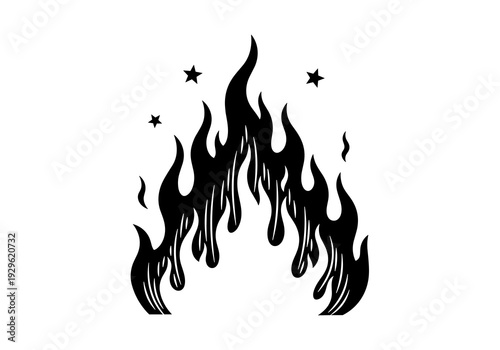 Black and White Fire Flame Silhouette Icon Vector Illustration with Sparks