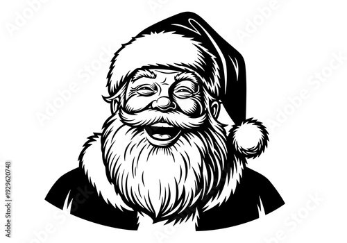 Santa Claus Face Black and White Vector Illustration, Vintage Christmas Line Art Portrait