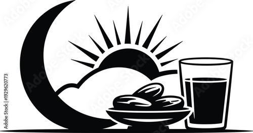 Ramadan iftar silhouette with crescent moon, dates plate and water glass sunrise flat vector illustration