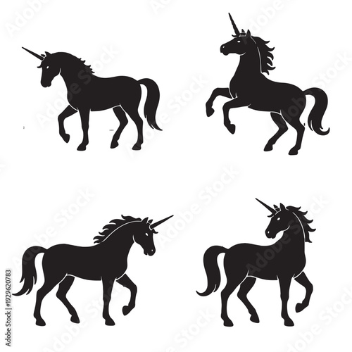 Set of wild stallion and pony silhouettes featuring black vector illustrations of isolated farm animals, equestrian sport riders, and galloping horses in an outline style for nature and racing icons