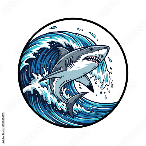 Dynamic shark jumping out of a powerful blue ocean wave in a circular design