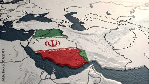 A 3D map highlights Iran with its national flag overlay in the Middle East region from an aerial viewpoint.