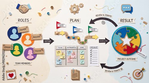 Team Project Workflow Infographic, Handmade Paper Cut Craft Flat Lay, Role Plan Result Collaboration Diagram for Business and Education.