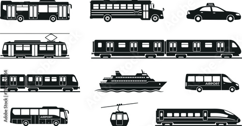 A detailed collection of black silhouette icons representing various public transportation vehicles and urban transit systems for city mobility.