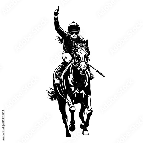 Horse Racing Jockey Riding Thoroughbred Black and White Vector Illustration