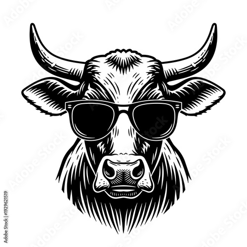 Black and White Cow Head with Sunglasses Vector Logo in Vintage Engraving Style
