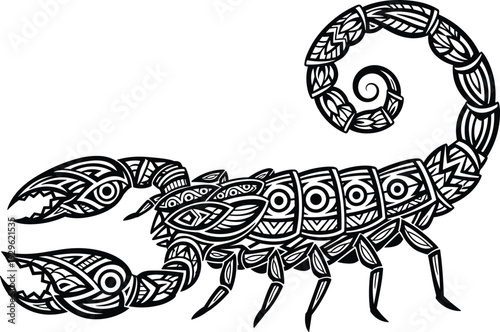 Fotografia Ornamental scorpion illustration, tribal tattoo style zodiac symbol, black and w