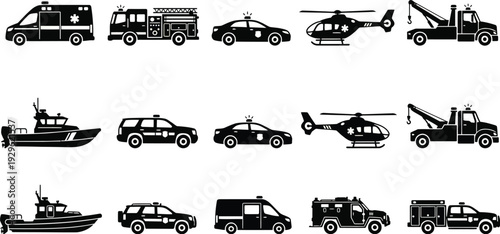 A comprehensive collection of black silhouette icons illustrating diverse emergency and rescue service vehicles for public safety.