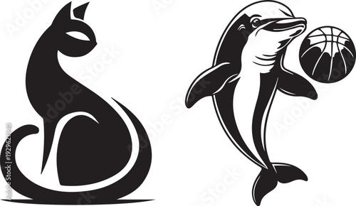 Cat with Fish black vector isolated on white background 