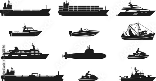 A comprehensive collection of black silhouette icons illustrating various types of boats and ships for marine transportation.