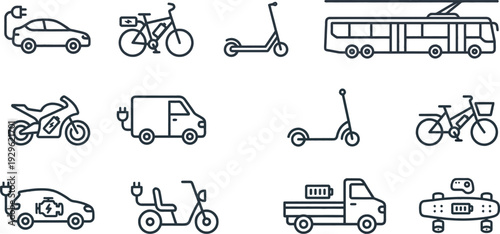A clean and uniform set of thin line vector icons representing various electric and green mobility vehicles with a transparent background.